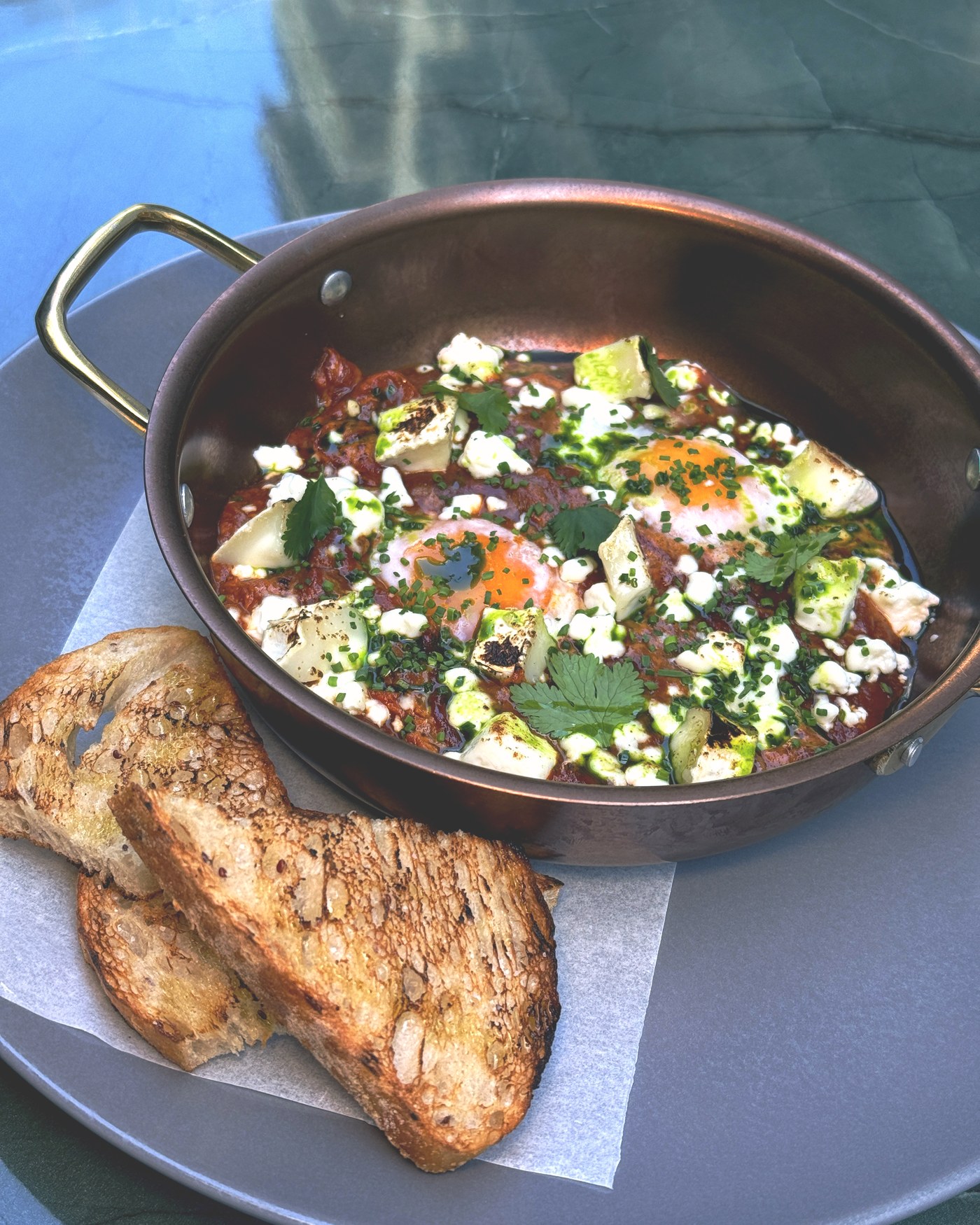 Skillet breakfast with eggs and feta